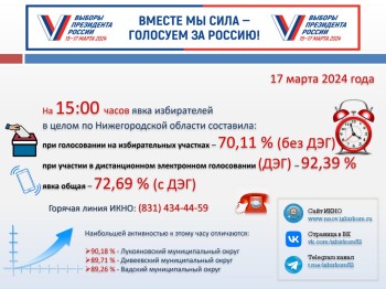 Явка избирателей в Нижегородской области к 15:00 17 марта составляет 72,69%
